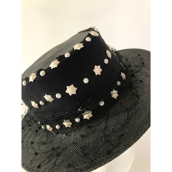 Vintage 1940s Straw Sailor Hat with Star Studs Black & White Dainty Fascinator - Picture 6 of 10